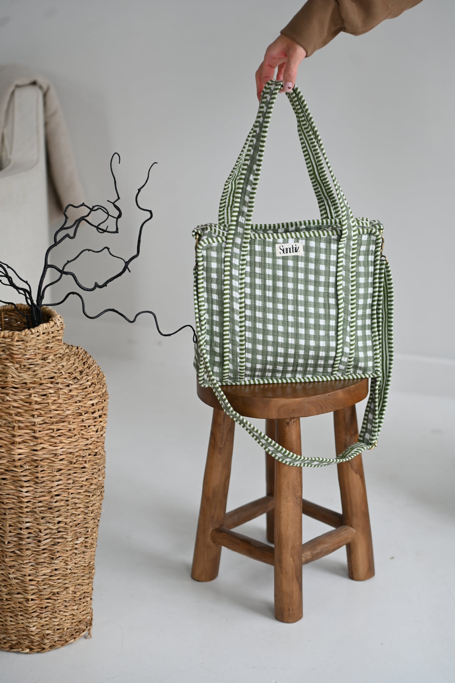 Sage gingham tote bags.