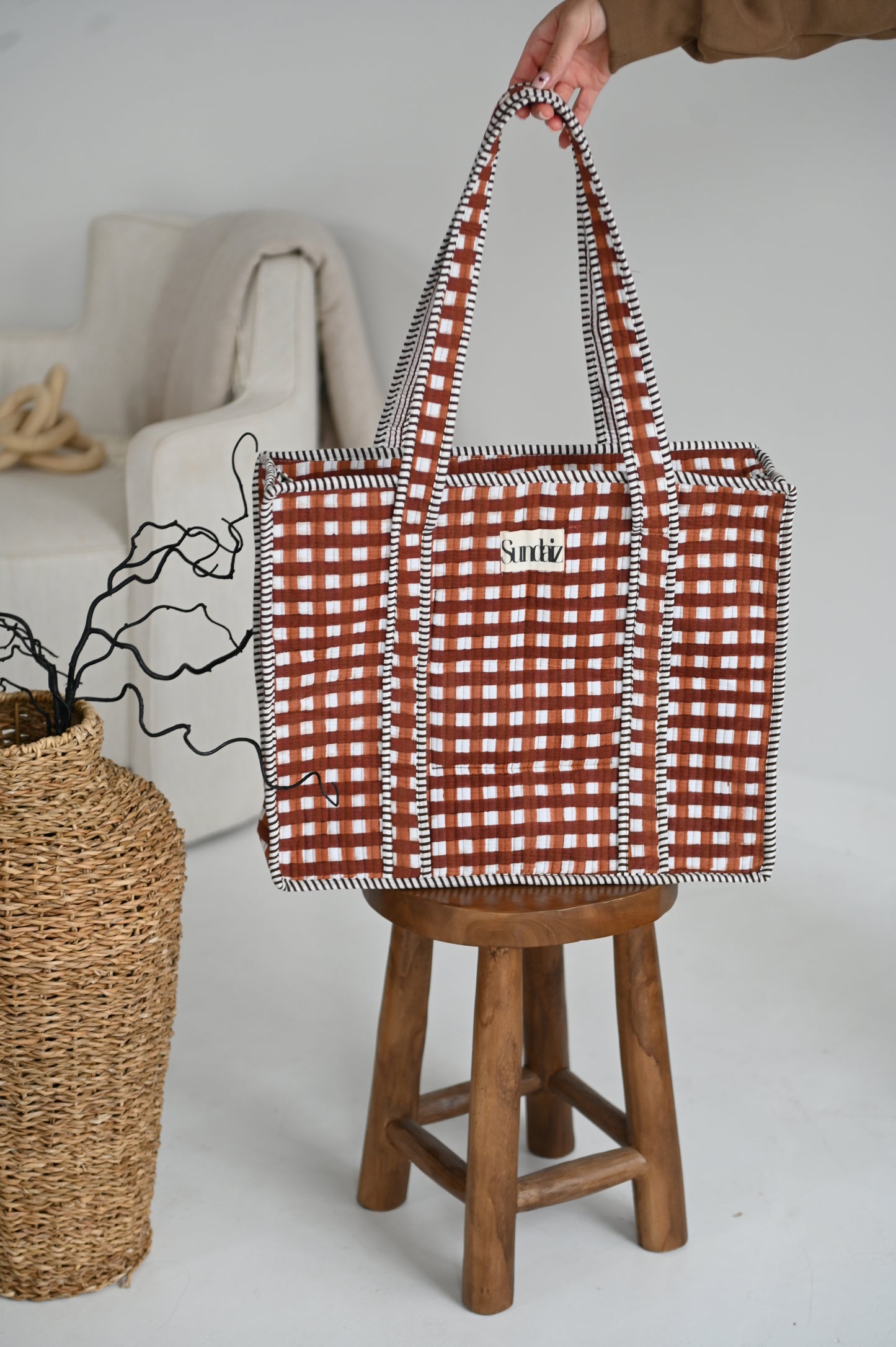 Chocolate gingham bags.
