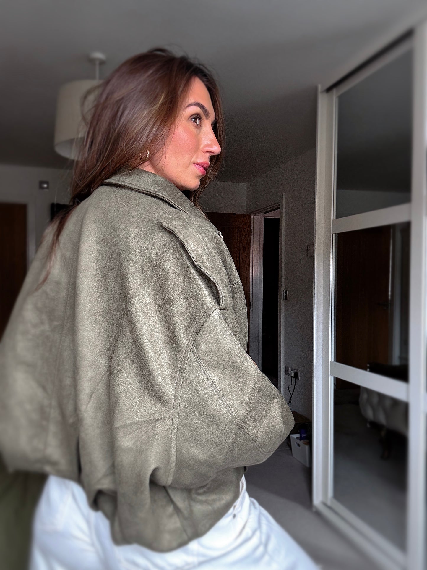 Oversized suede touch bomber jacket in OLIVE