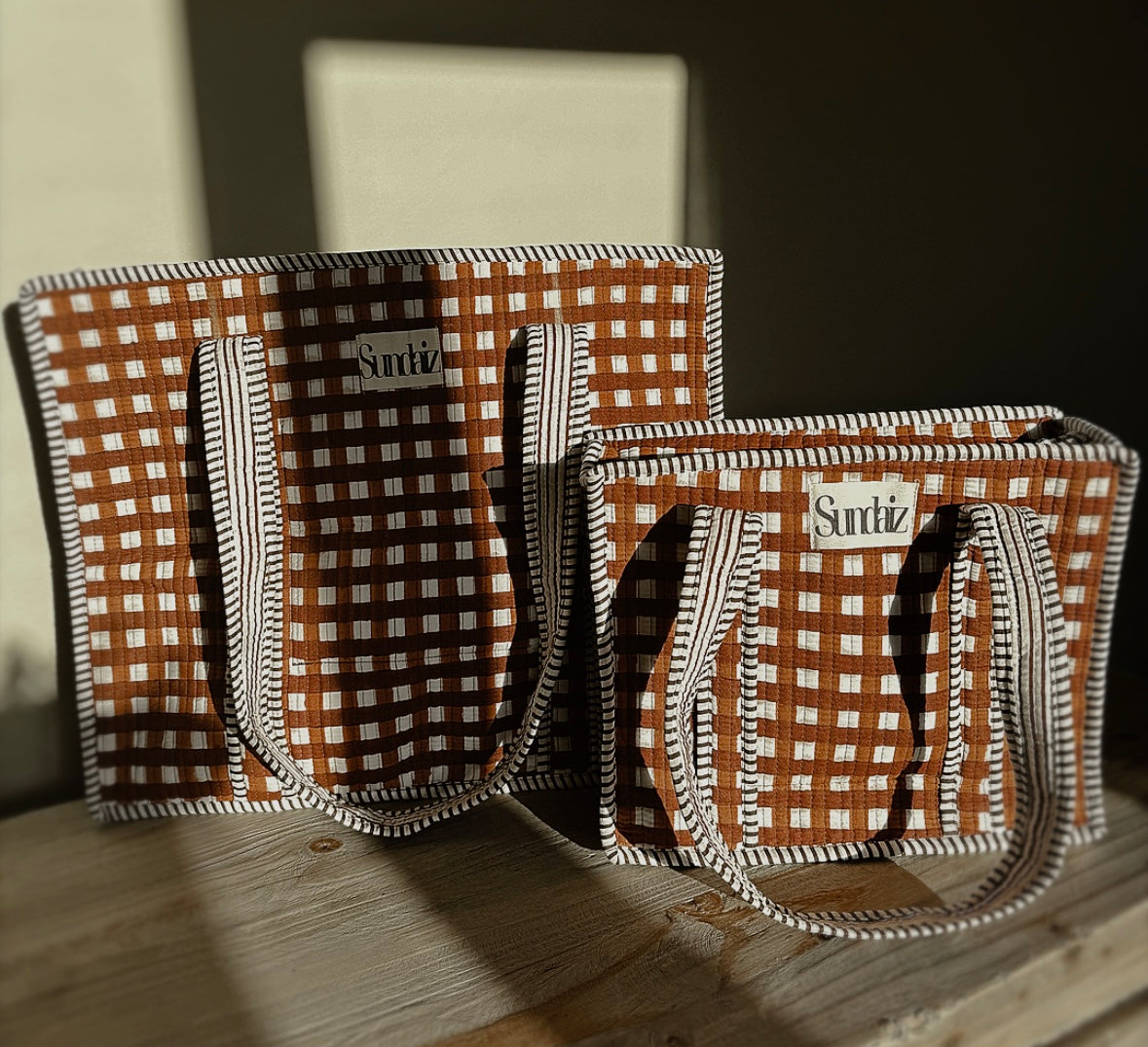 Chocolate gingham bags.