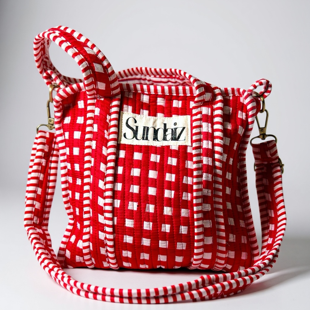 Red gingham tote bags.