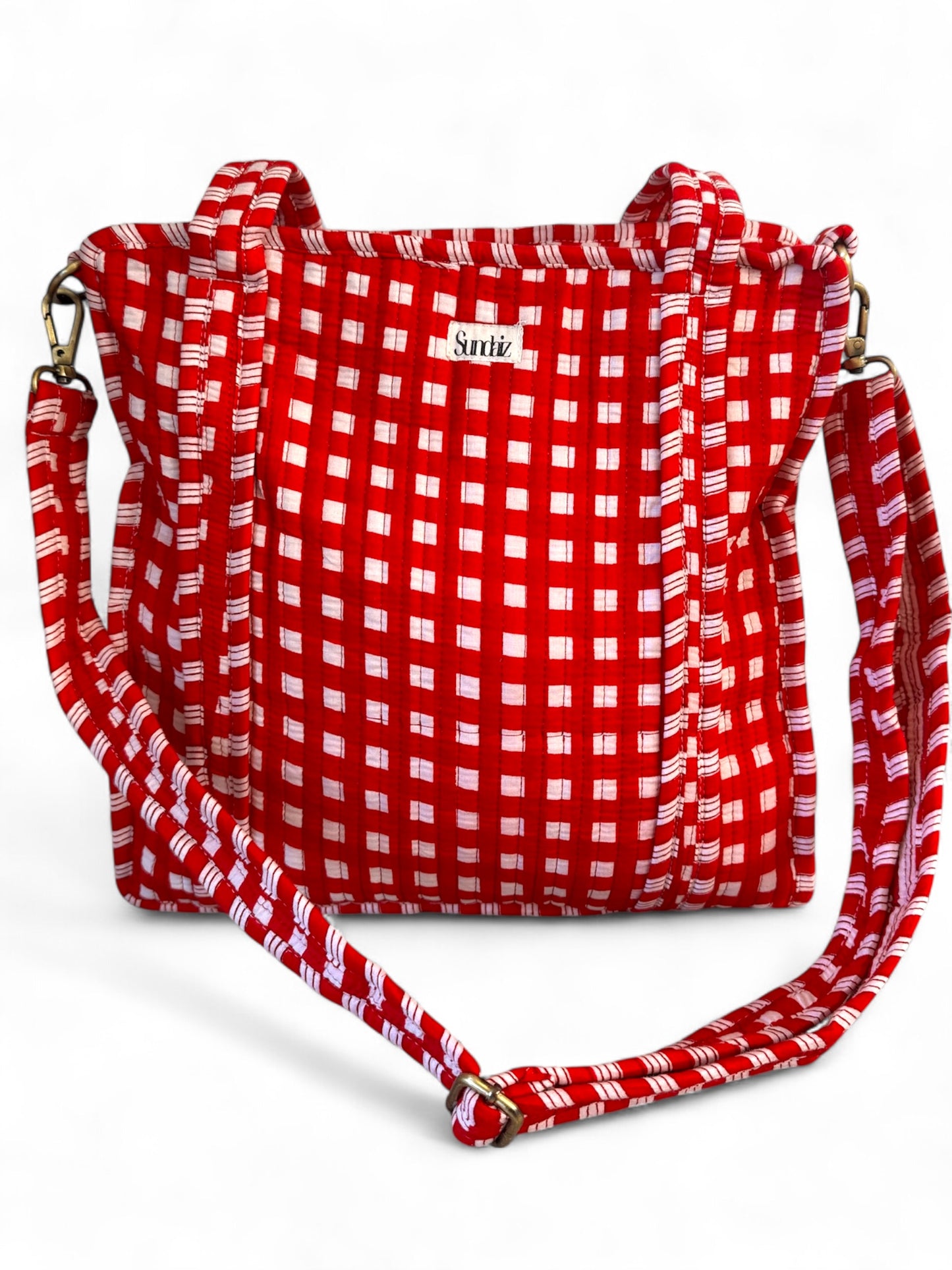 Red gingham tote bags.