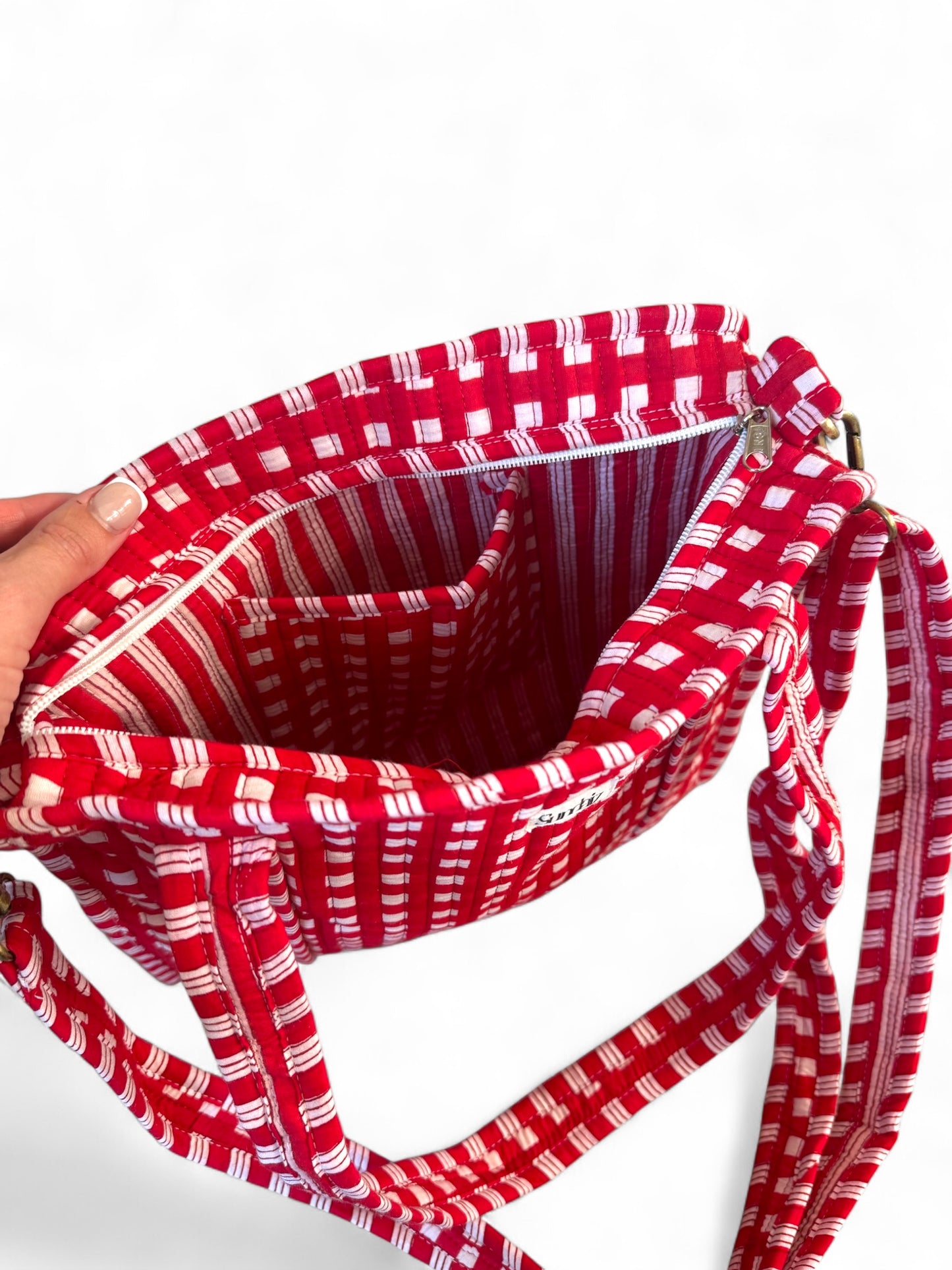 Red gingham tote bags.