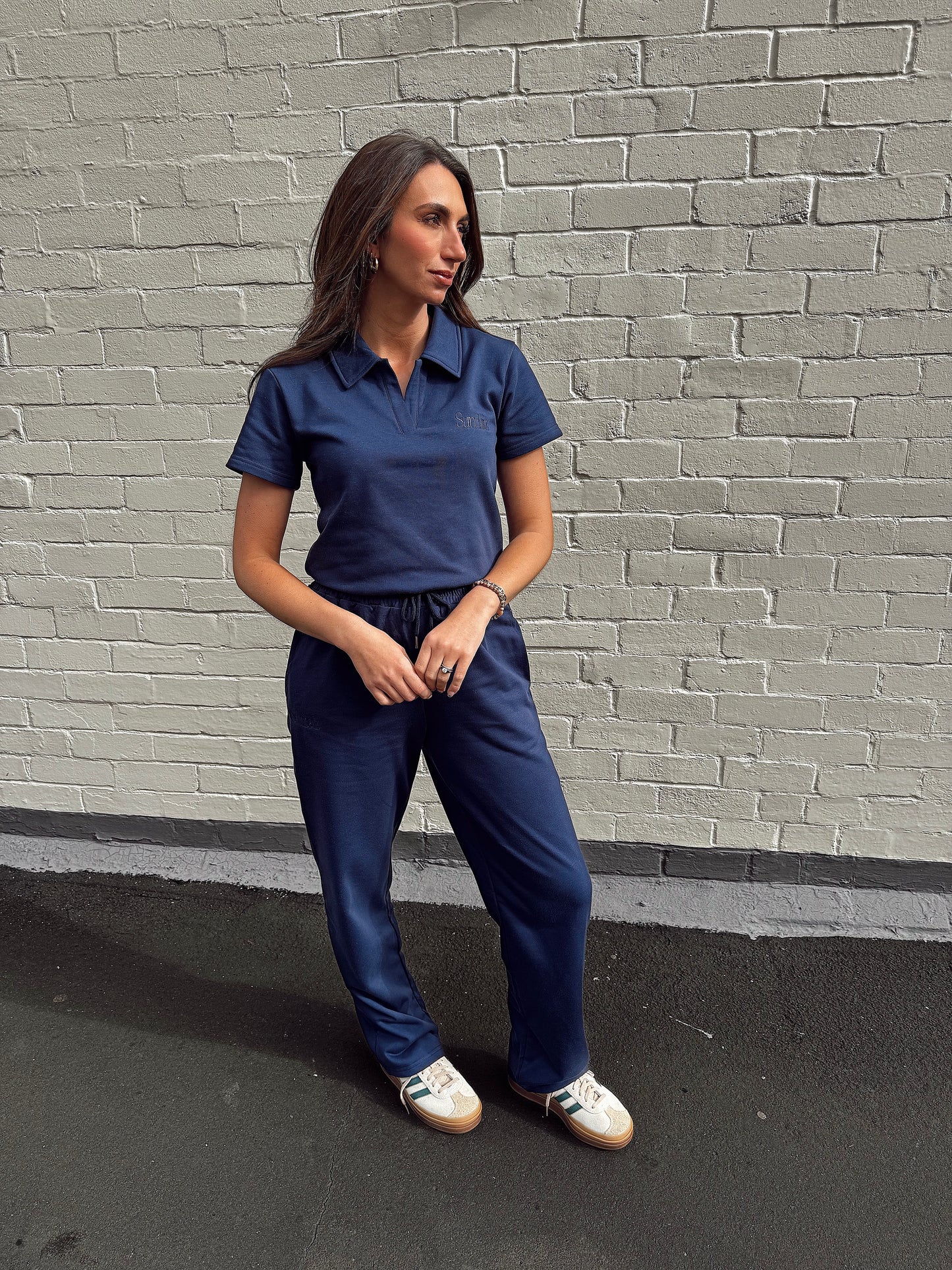 Navy french cotton, straight leg pants.