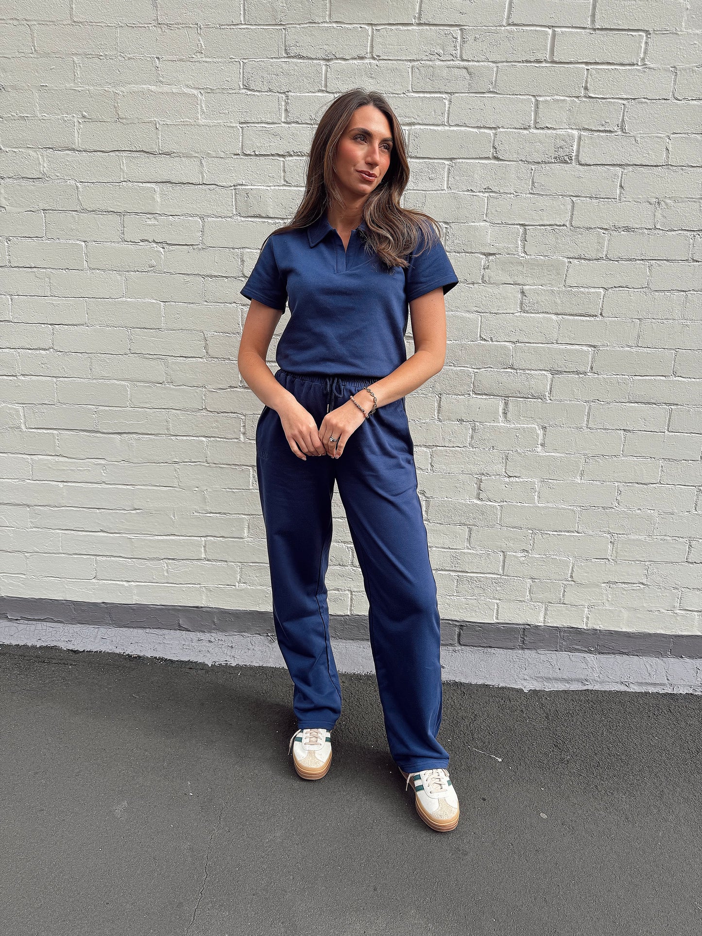 Navy french cotton, straight leg pants.