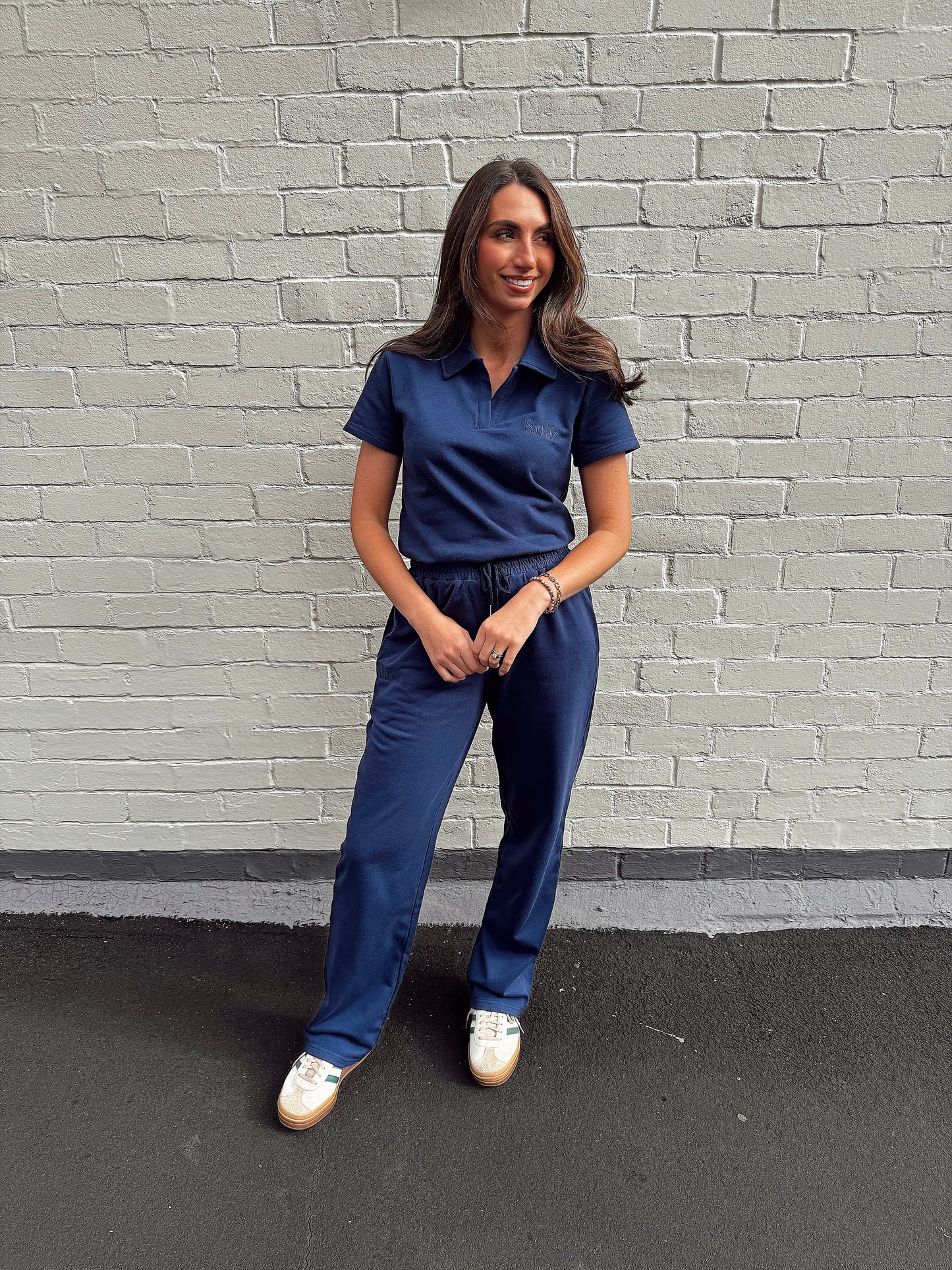 Navy french cotton, straight leg pants.