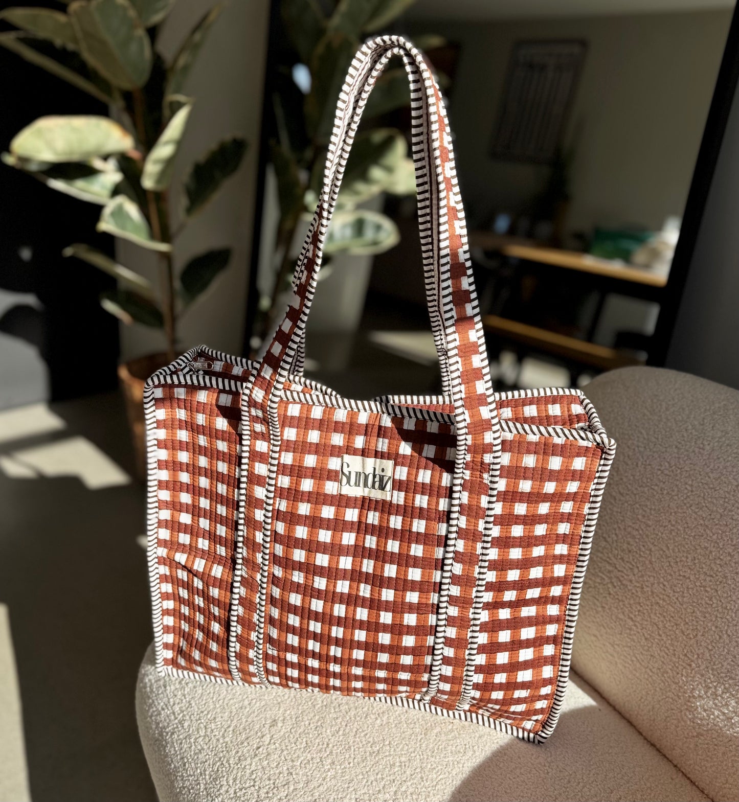 Chocolate gingham bags.