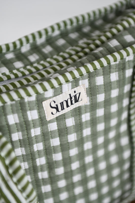 Sage gingham tote bags.