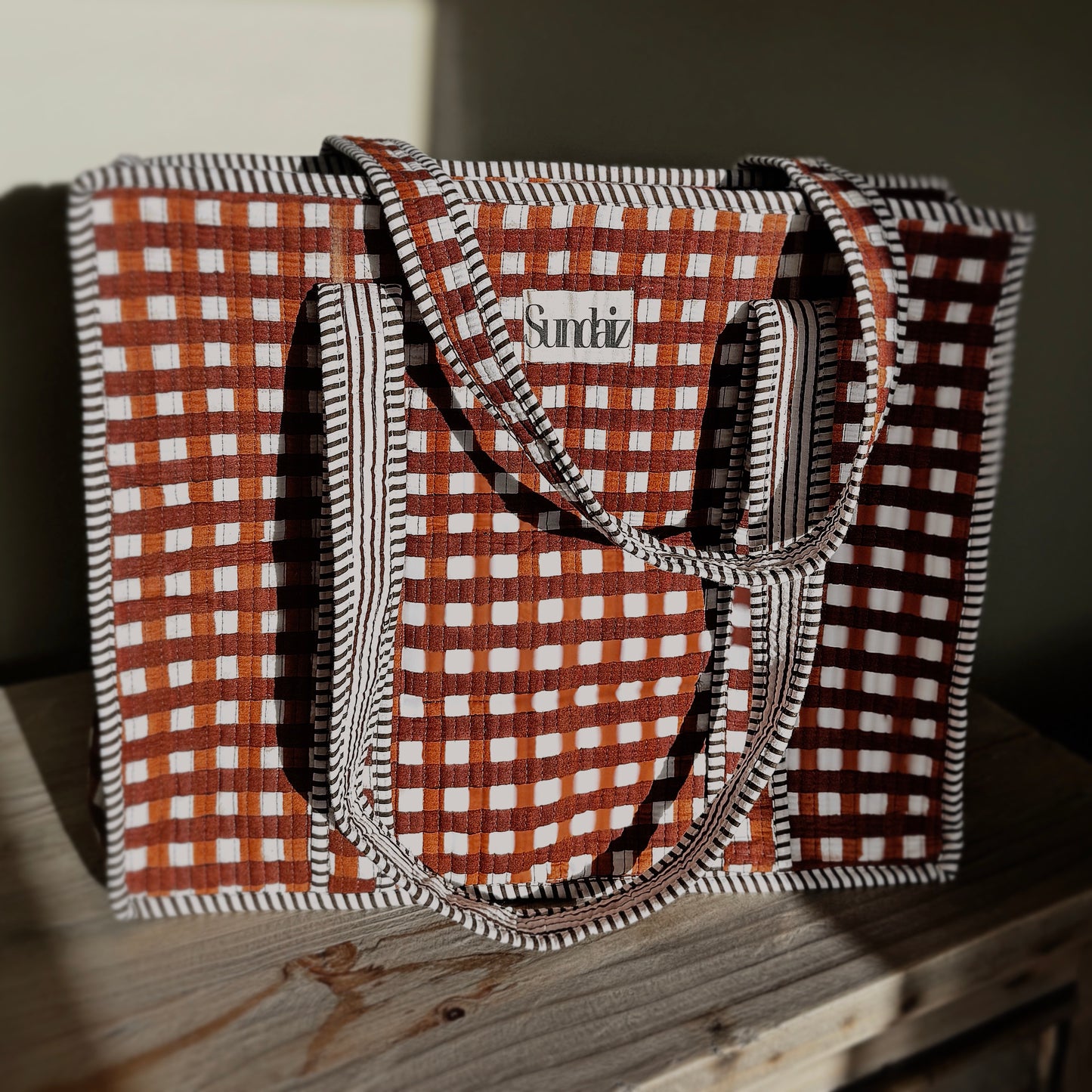 Chocolate gingham bags.