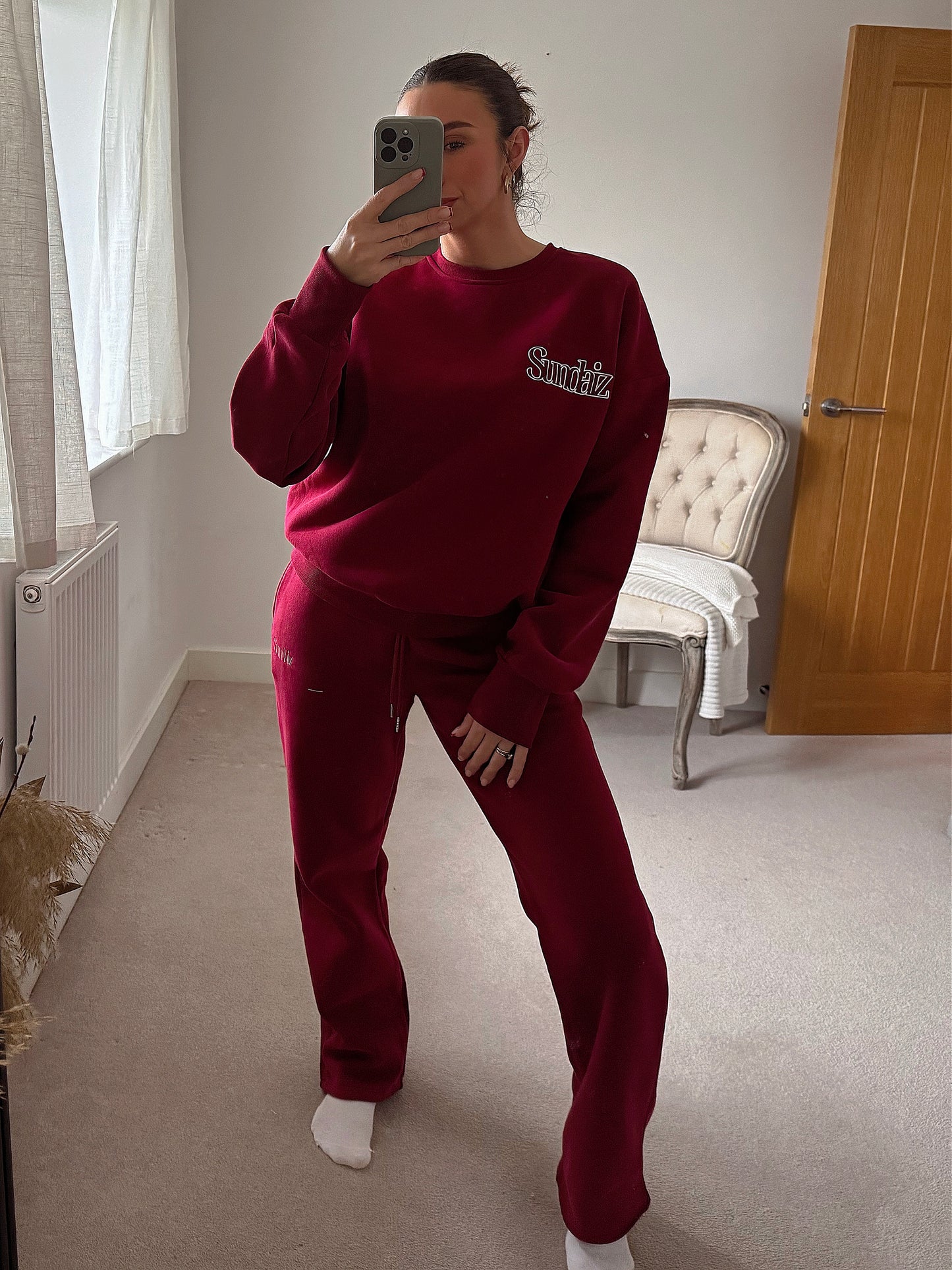 Fleece straight leg pants in Ruby