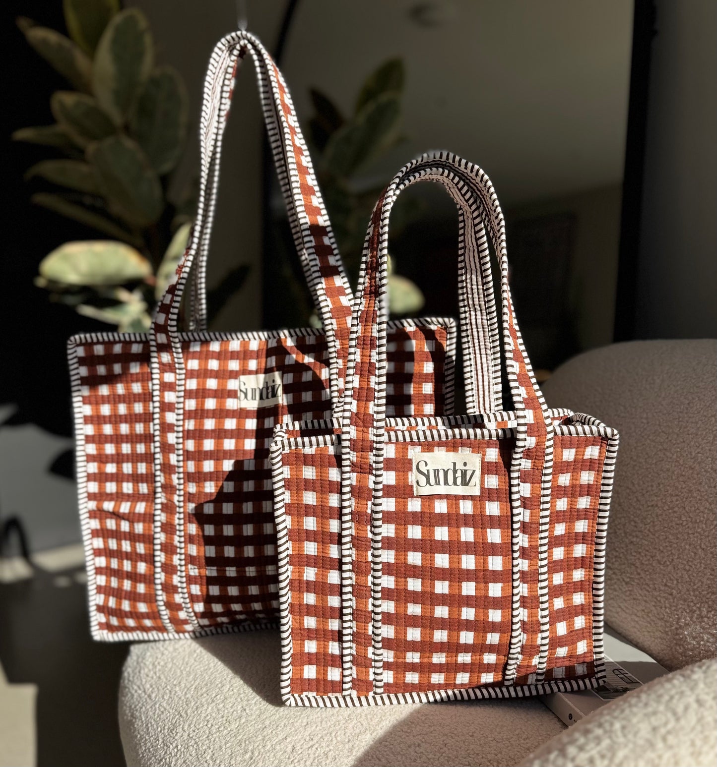 Chocolate gingham bags.