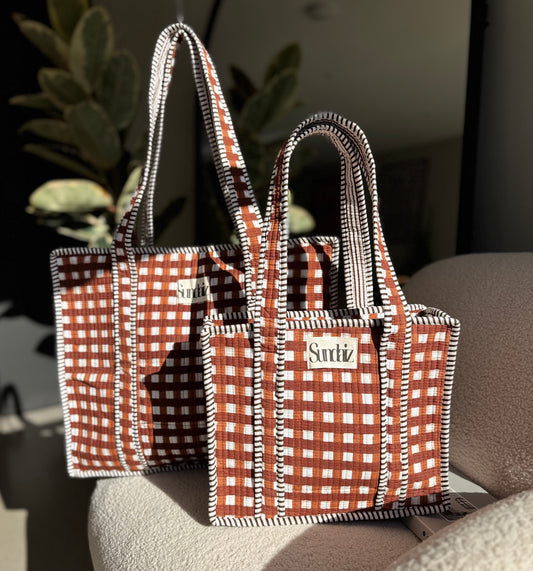 Chocolate gingham bags.