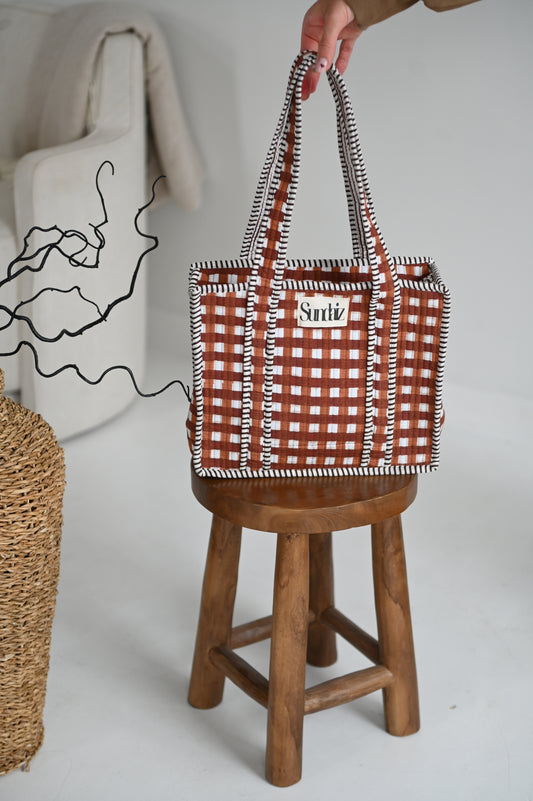Chocolate gingham bags.