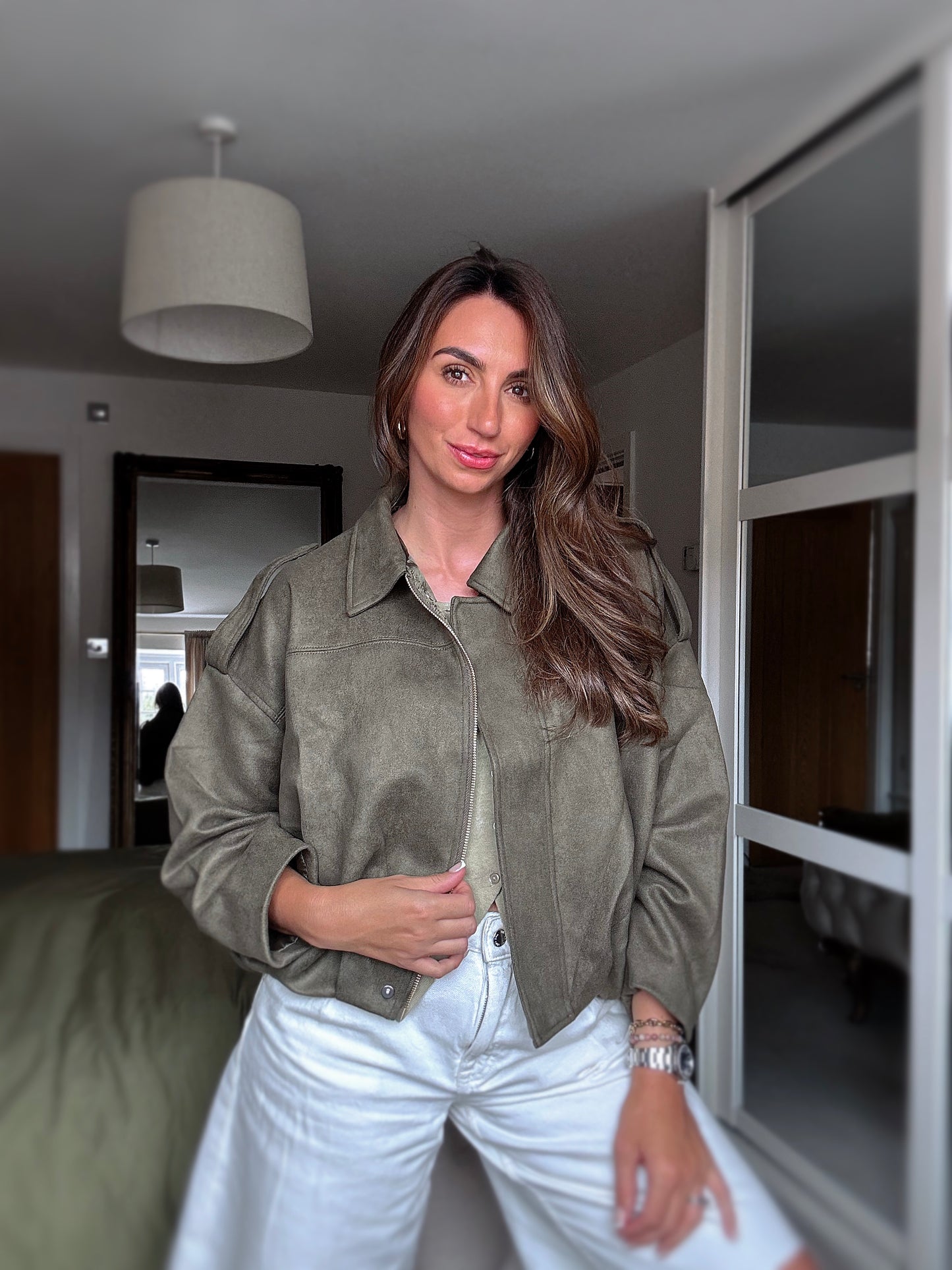 Oversized suede touch bomber jacket in OLIVE