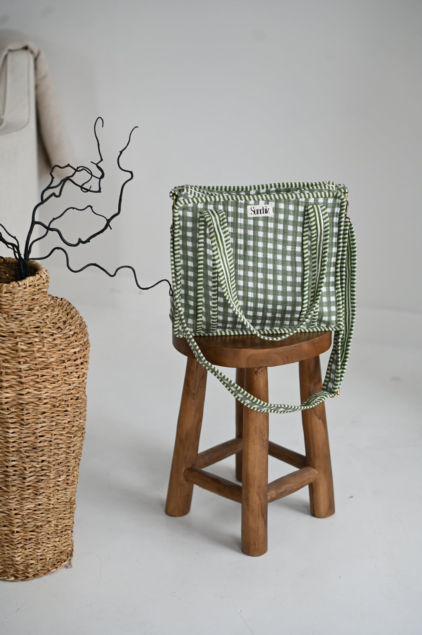 Sage gingham tote bags.