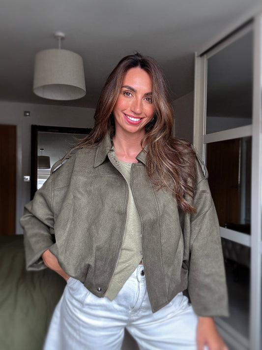 Oversized suede touch bomber jacket in OLIVE