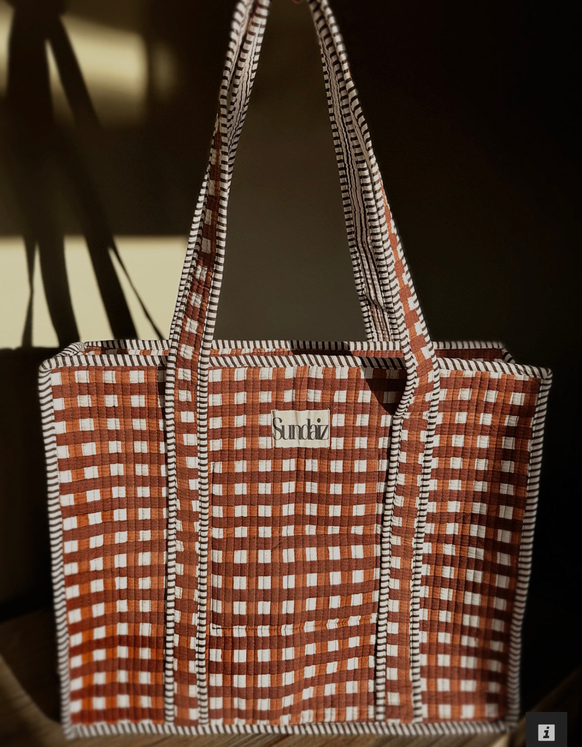 Chocolate gingham bags.