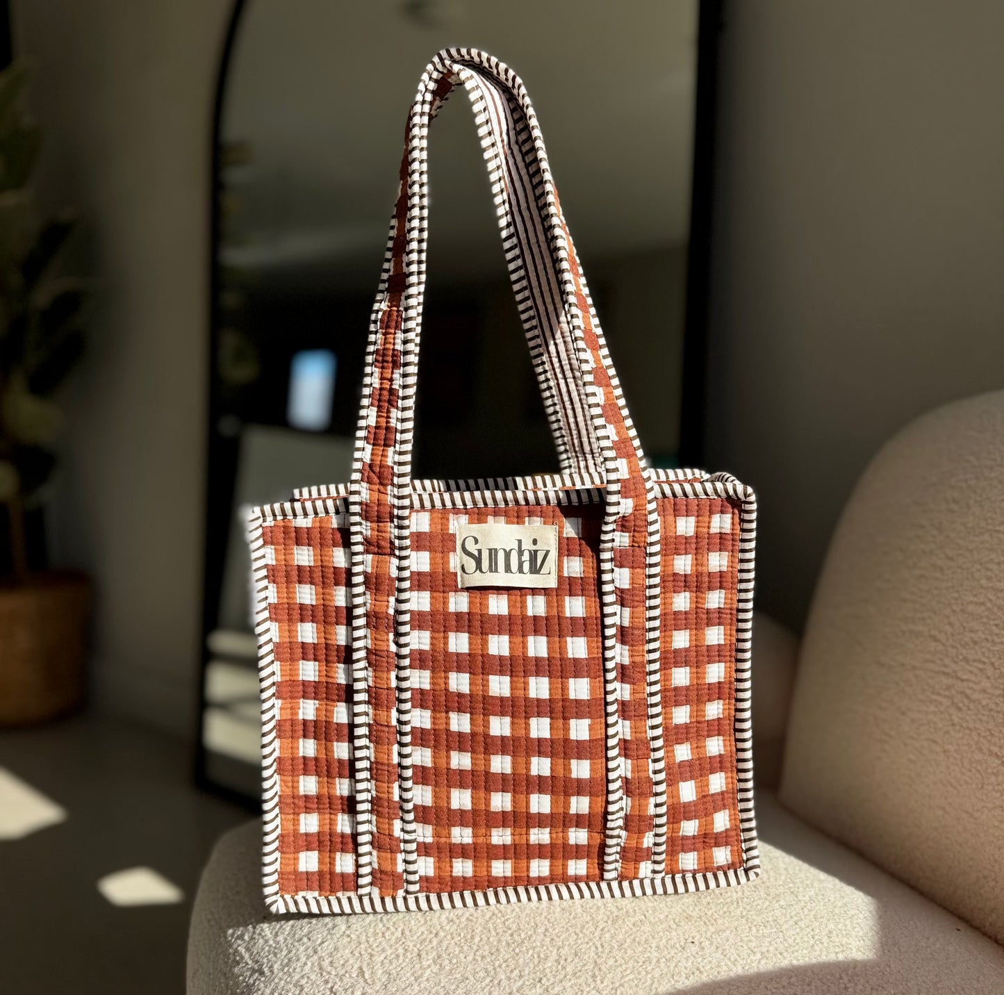 Chocolate gingham bags.