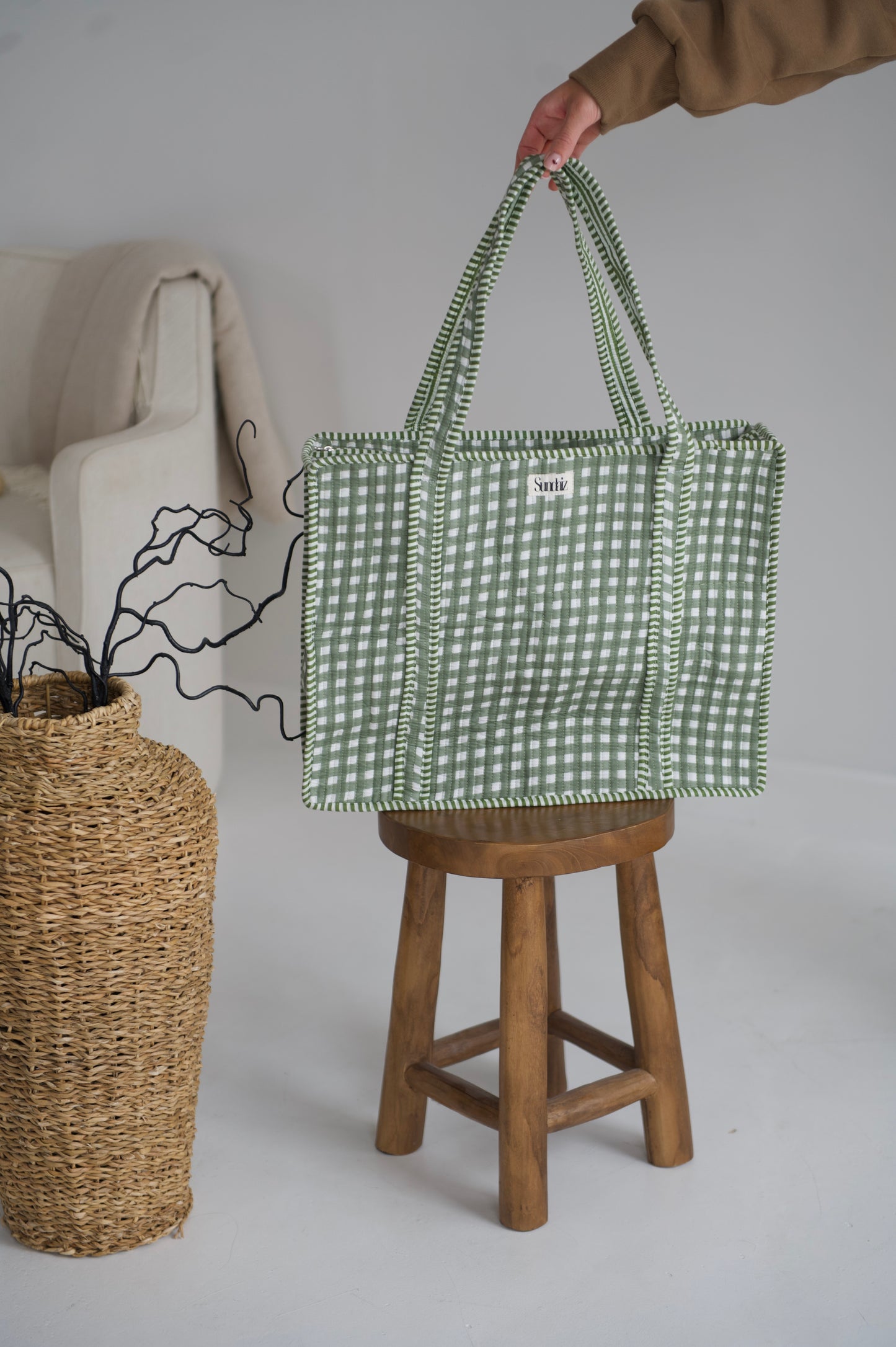Sage gingham tote bags.
