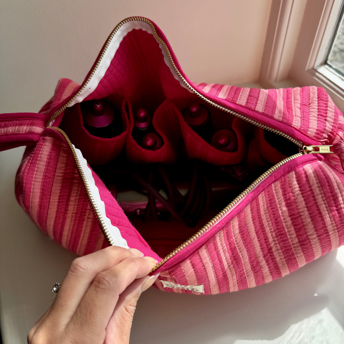 Raspberry Stripe Totes and Accessories.