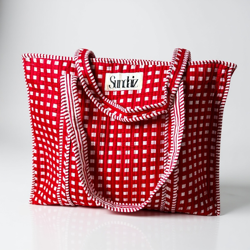 Red gingham tote bags.