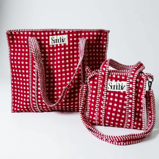 Red gingham tote bags.