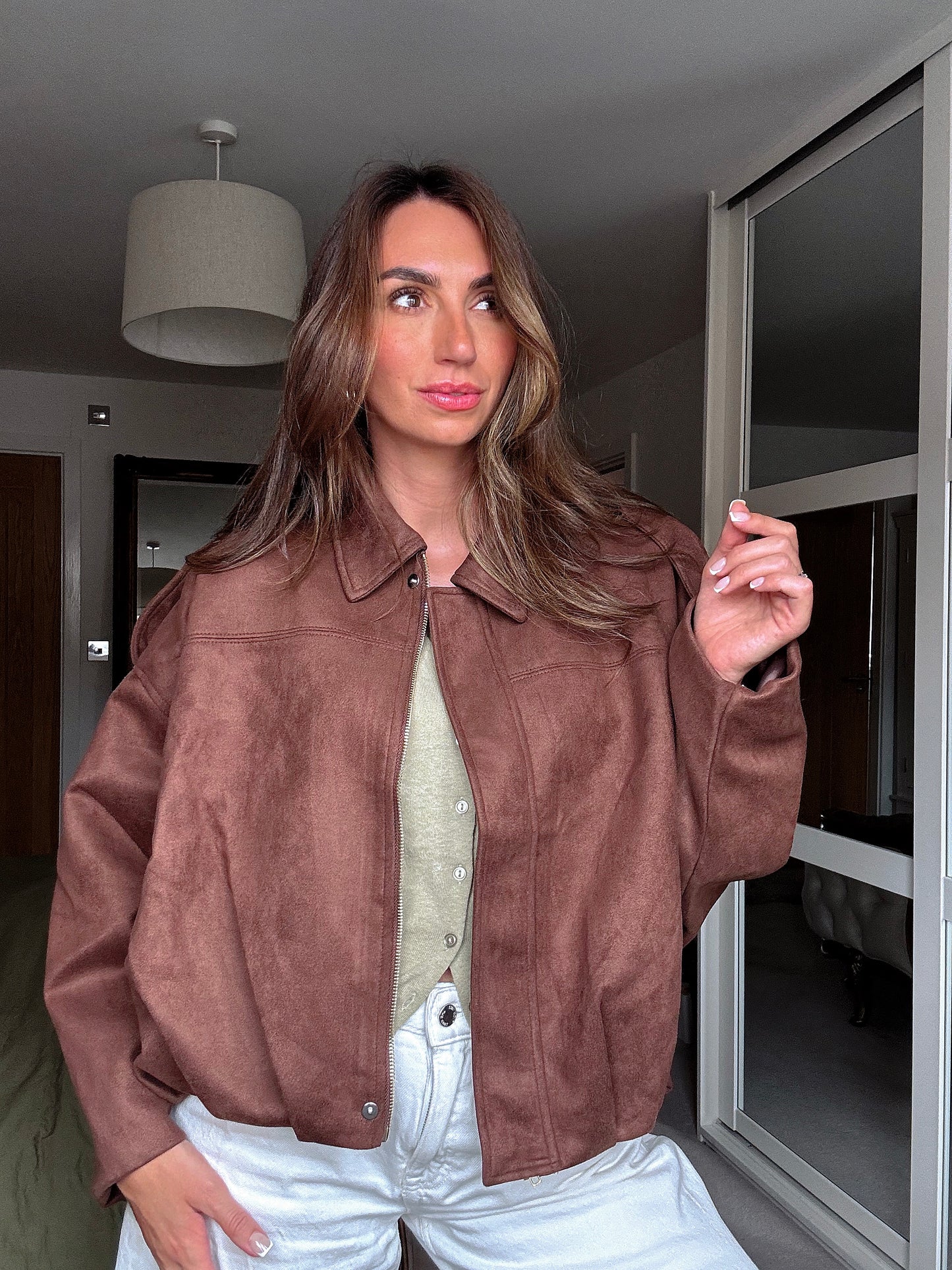 Oversized suede touch bomber jacket in CHOCOLATE