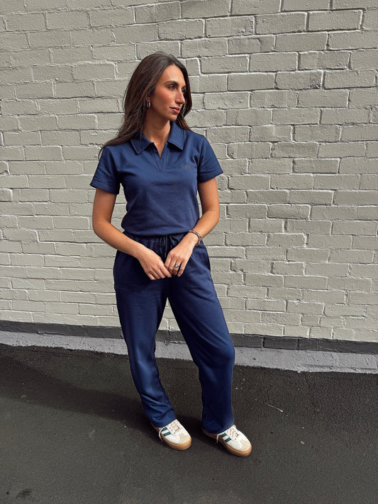 Navy french cotton, fitted collar t-shirt.