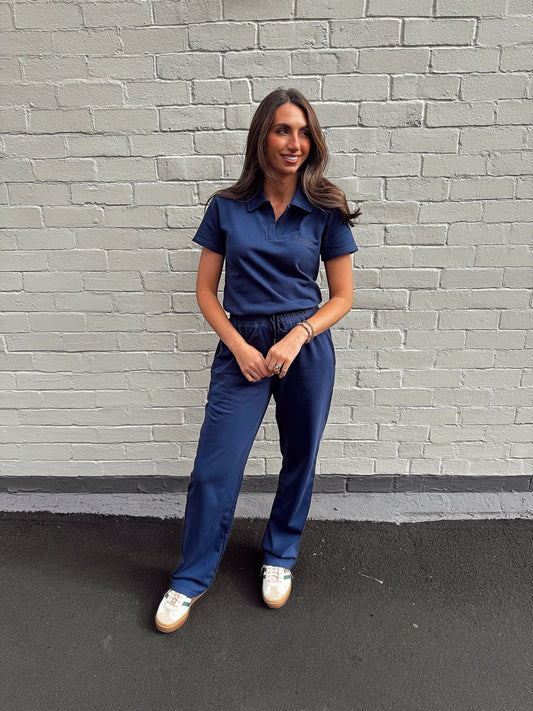 Navy french cotton, straight leg pants.