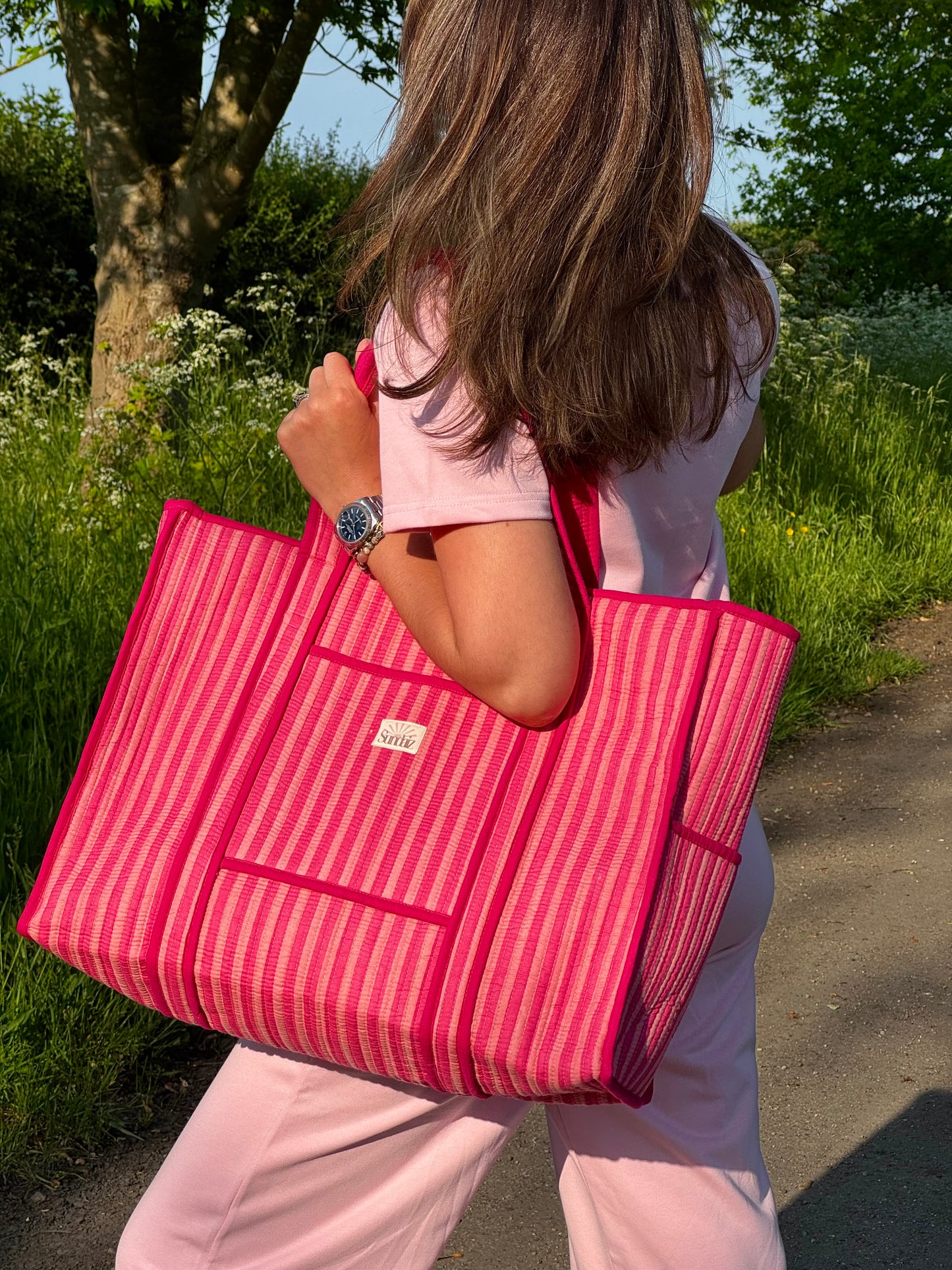 Raspberry Stripe Totes and Accessories.