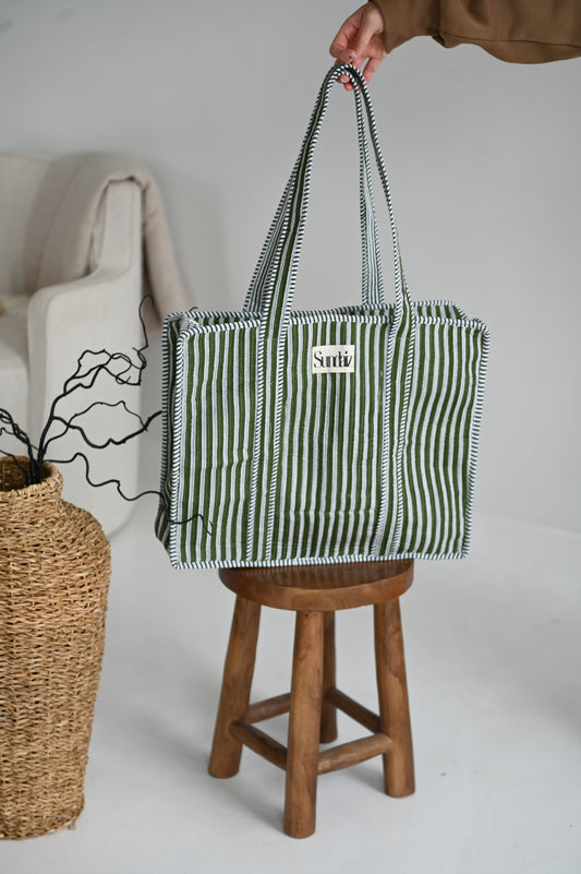 Olive stripe bags.
